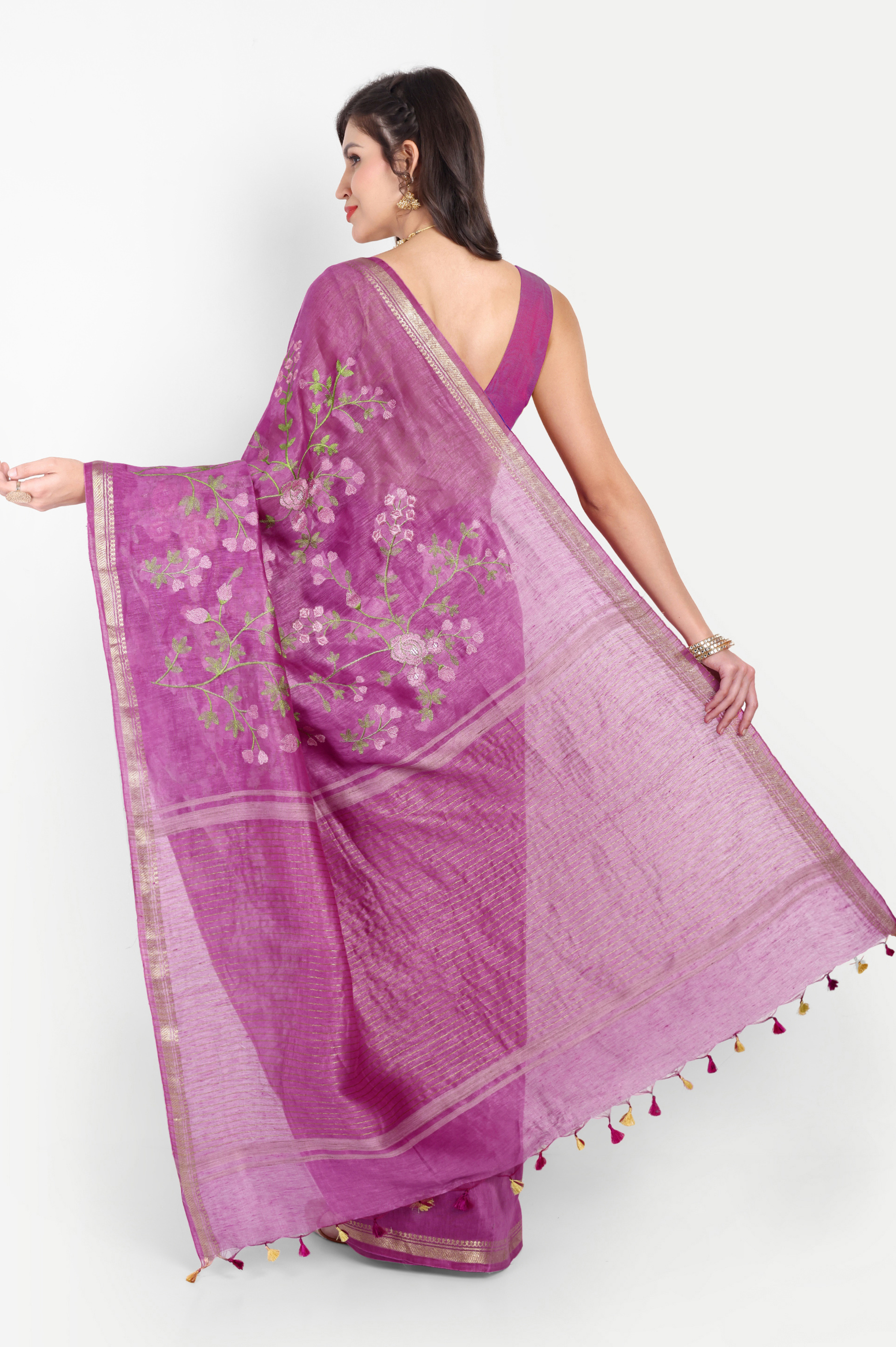 ORCHID PURPLE FLORAL LINEN SAREE