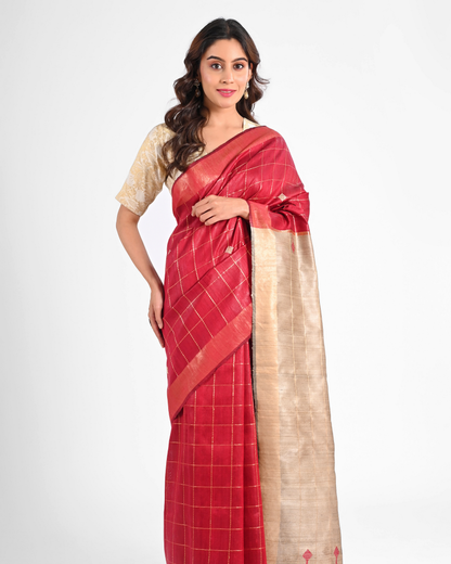 RED DUPION SILK SAREE WITH TUSSAR PALLU