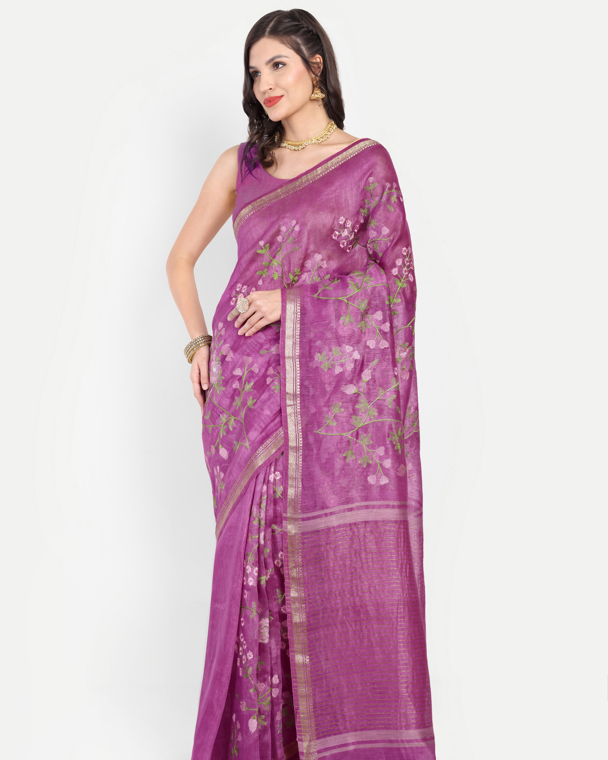 ORCHID PURPLE FLORAL LINEN SAREE