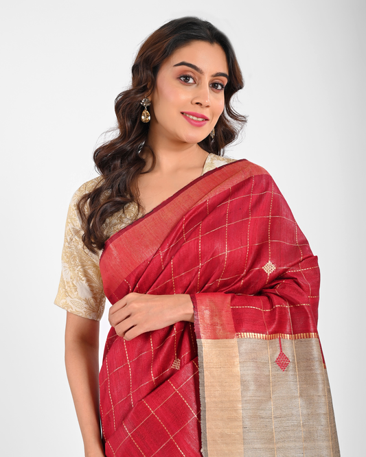 RED DUPION SILK SAREE WITH TUSSAR PALLU