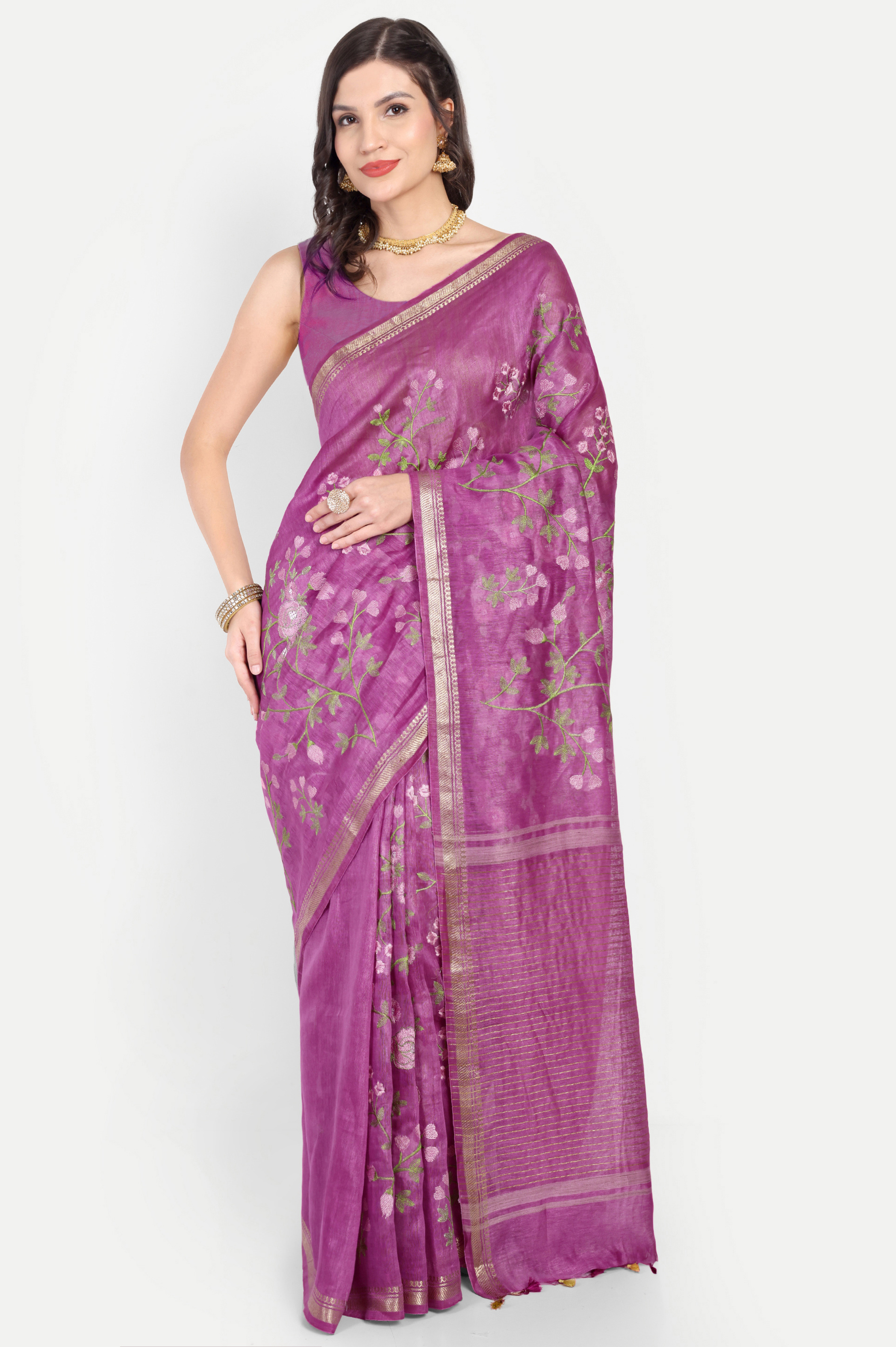 ORCHID PURPLE FLORAL LINEN SAREE