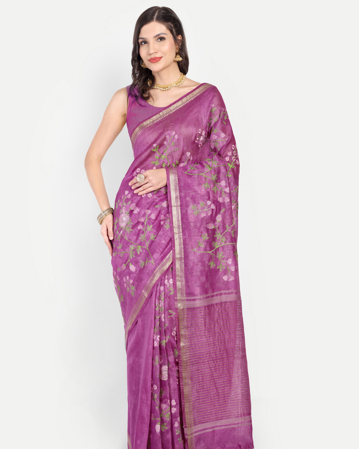 ORCHID PURPLE FLORAL LINEN SAREE