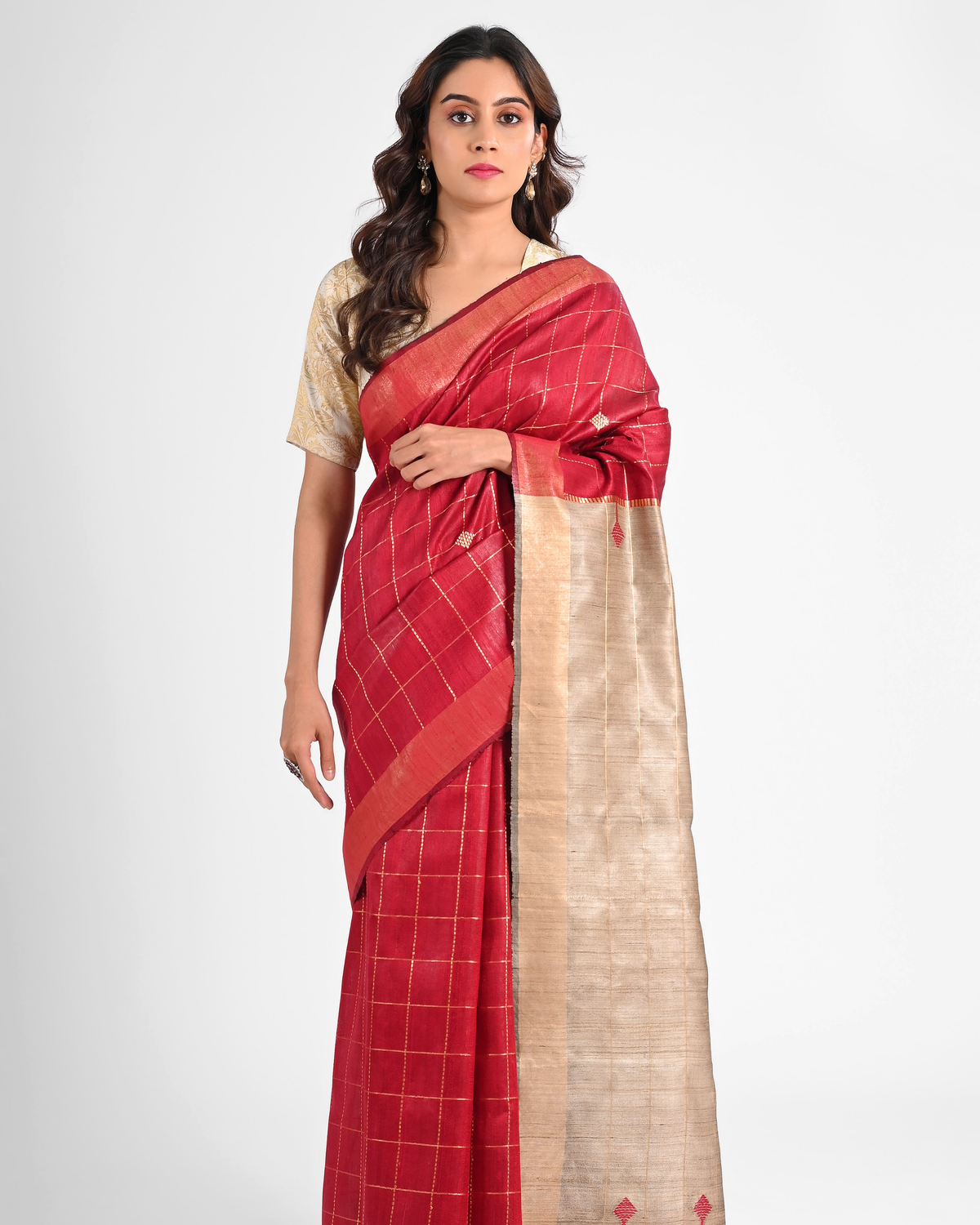 RED DUPION SILK SAREE WITH TUSSAR PALLU