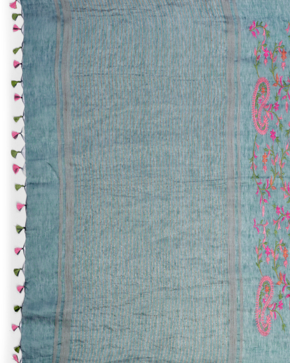 DUSTY TEAL TUSSAR LINEN SAREE