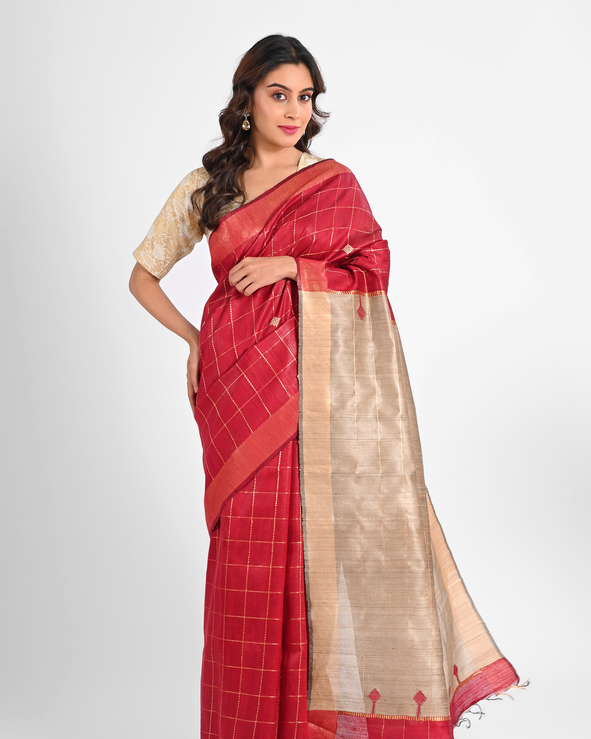 RED DUPION SILK SAREE WITH TUSSAR PALLU