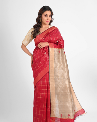 RED DUPION SILK SAREE WITH TUSSAR PALLU