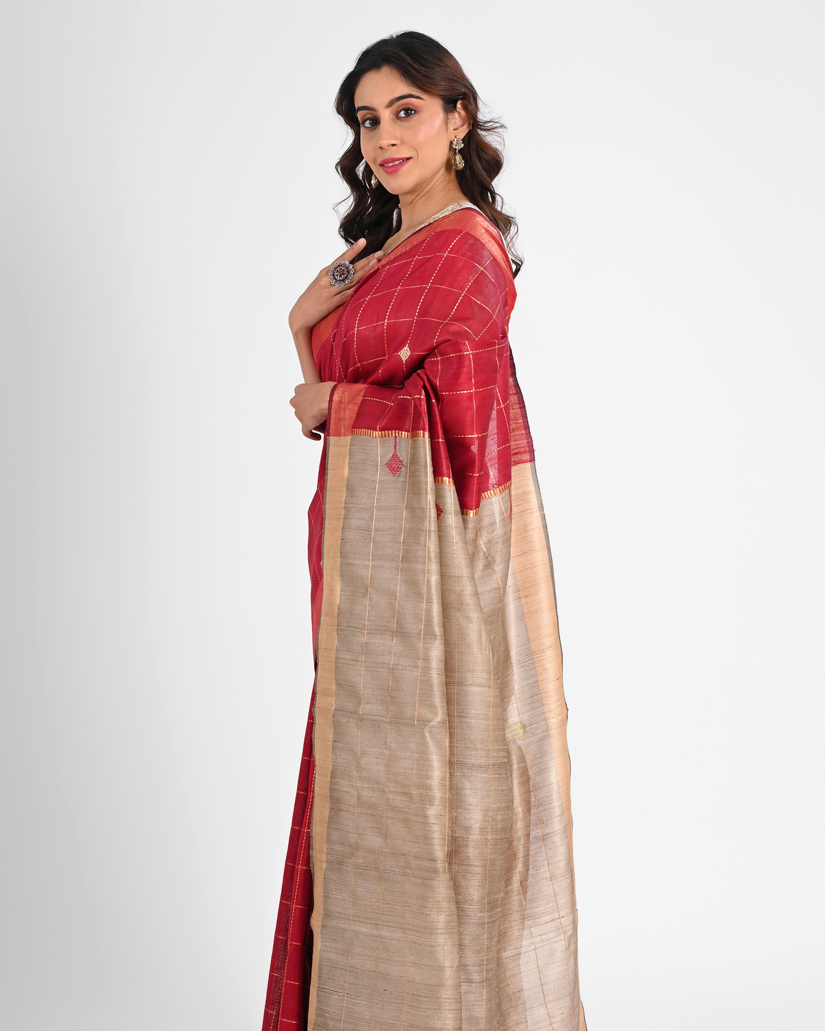 RED DUPION SILK SAREE WITH TUSSAR PALLU