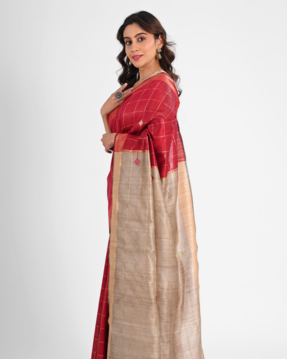 RED DUPION SILK SAREE WITH TUSSAR PALLU