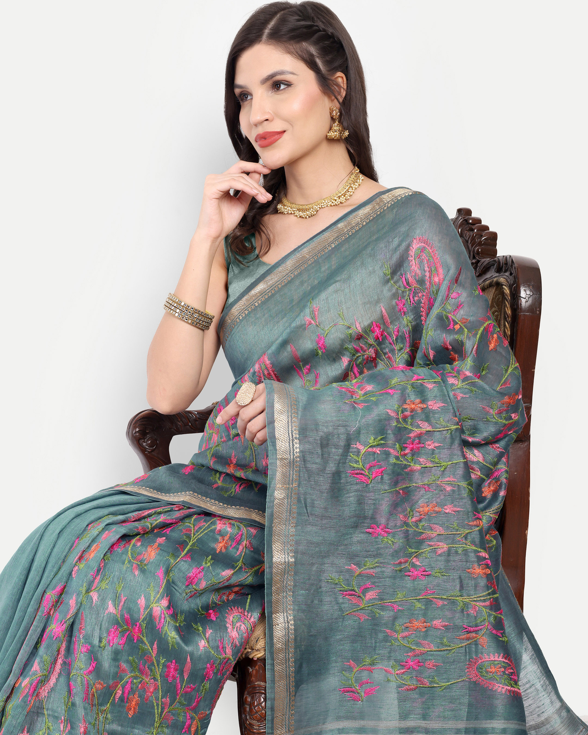 DUSTY TEAL TUSSAR LINEN SAREE