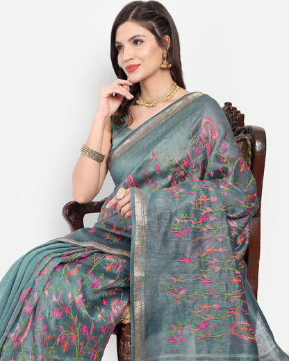 DUSTY TEAL TUSSAR LINEN SAREE