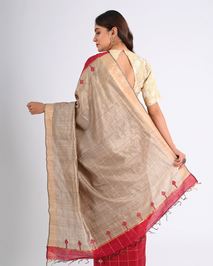 RED DUPION SILK SAREE WITH TUSSAR PALLU