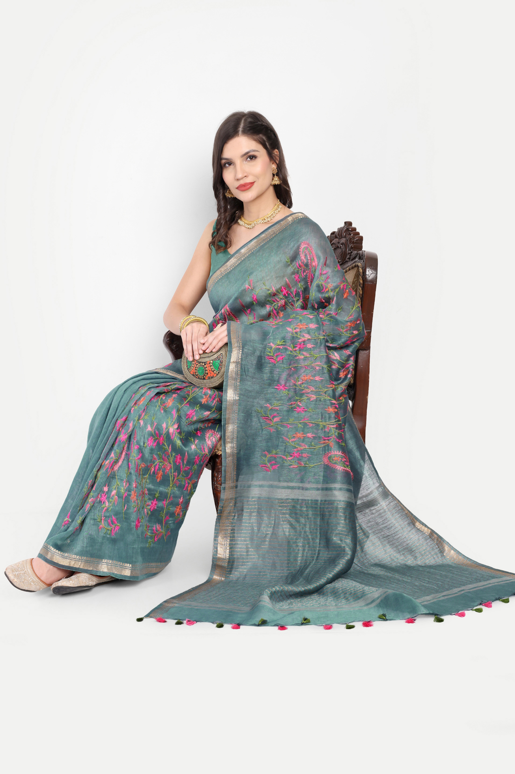 DUSTY TEAL TUSSAR LINEN SAREE