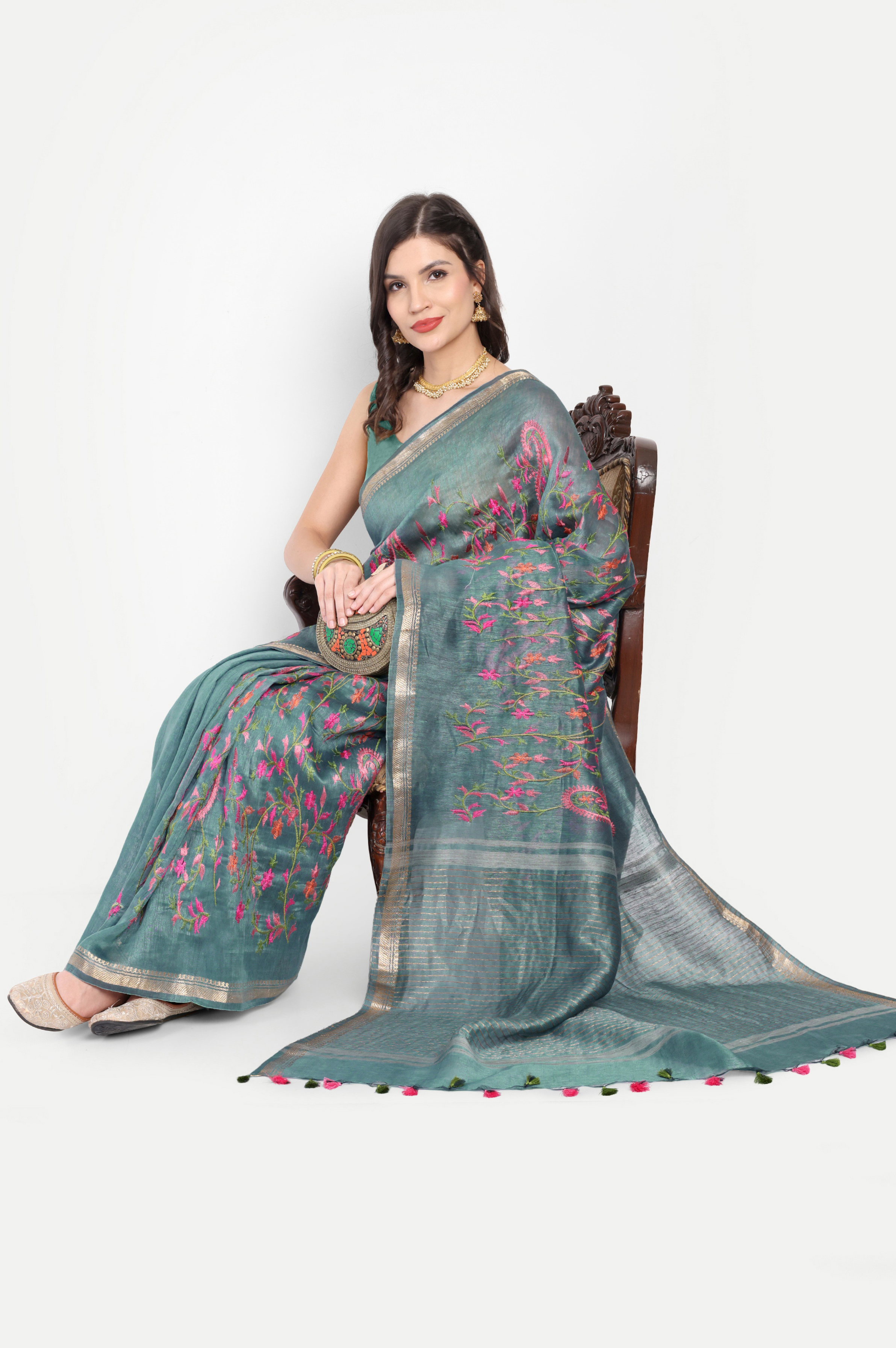 DUSTY TEAL TUSSAR LINEN SAREE