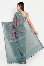 DUSTY TEAL TUSSAR LINEN SAREE