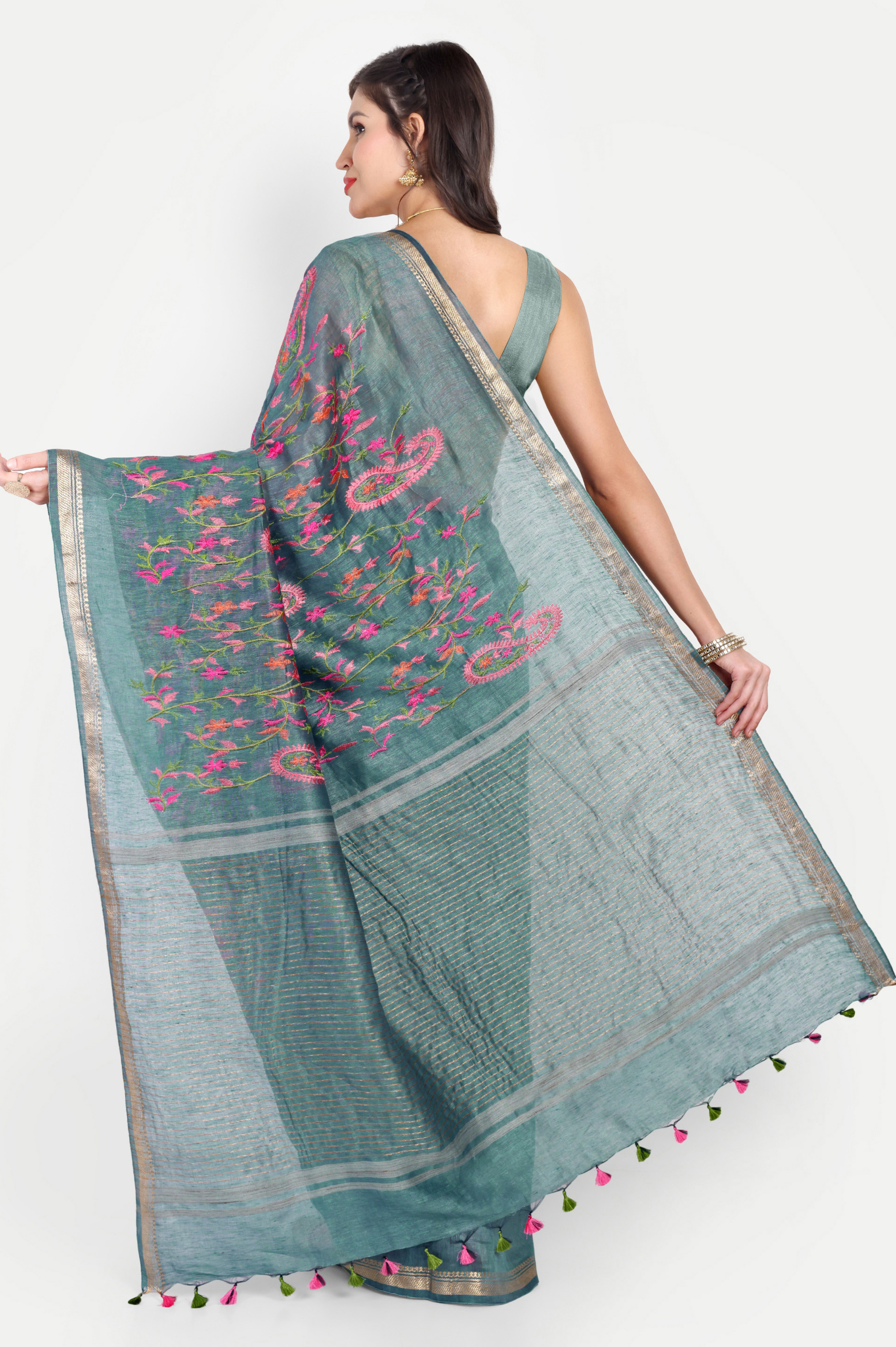 DUSTY TEAL TUSSAR LINEN SAREE