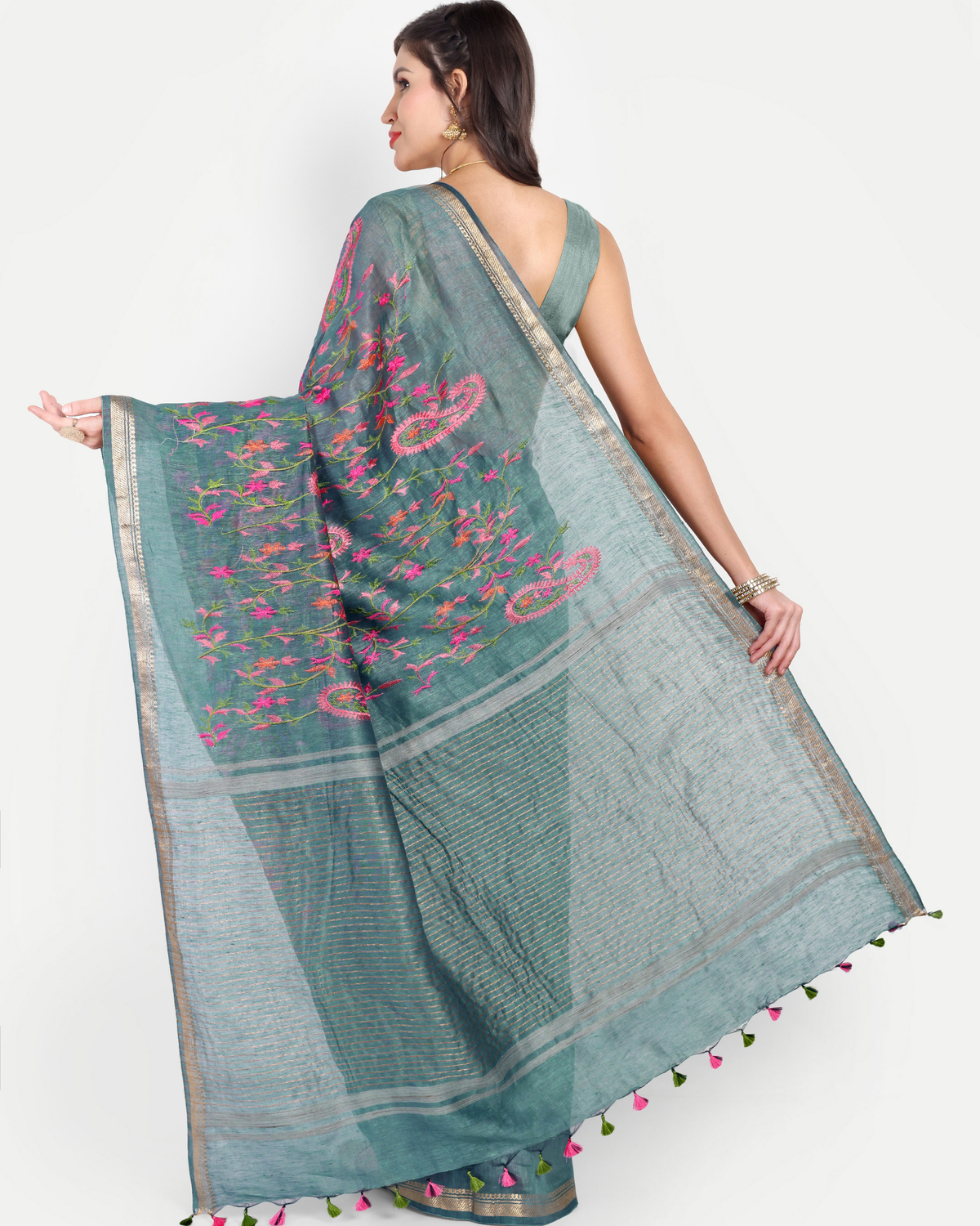 DUSTY TEAL TUSSAR LINEN SAREE