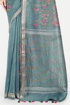 DUSTY TEAL TUSSAR LINEN SAREE