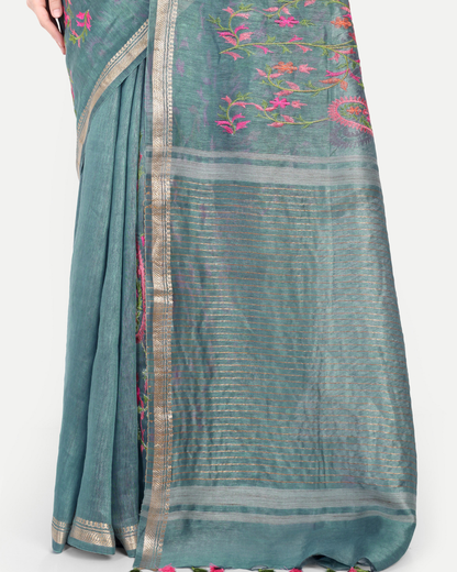 DUSTY TEAL TUSSAR LINEN SAREE