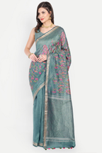 DUSTY TEAL TUSSAR LINEN SAREE