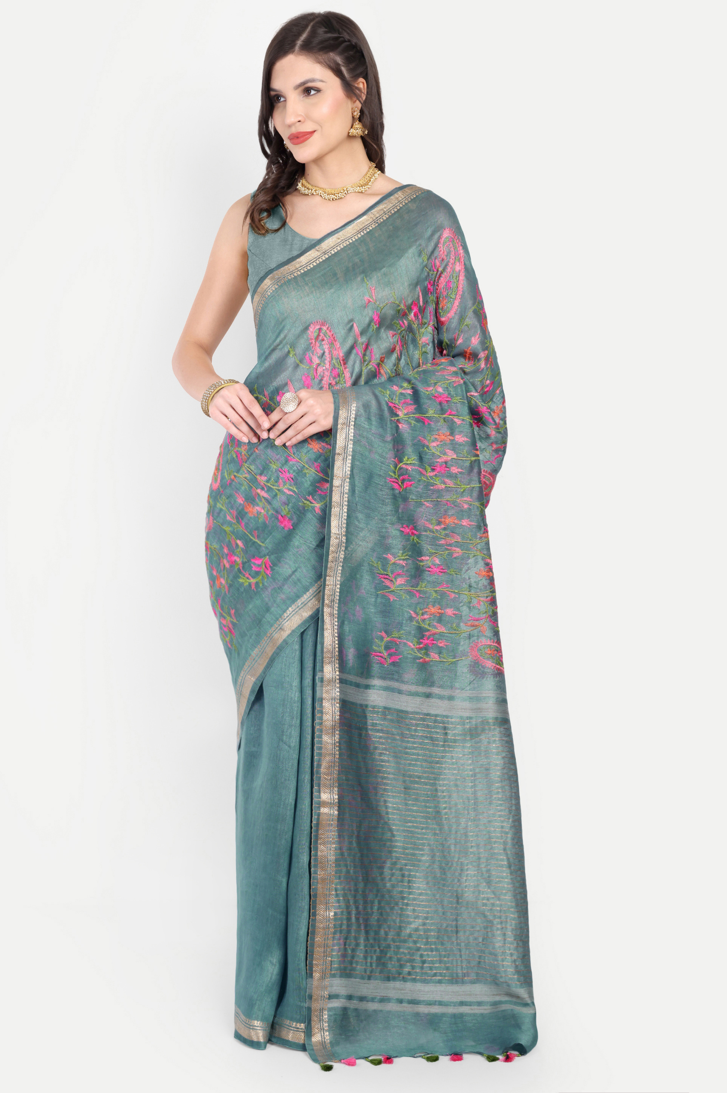 DUSTY TEAL TUSSAR LINEN SAREE