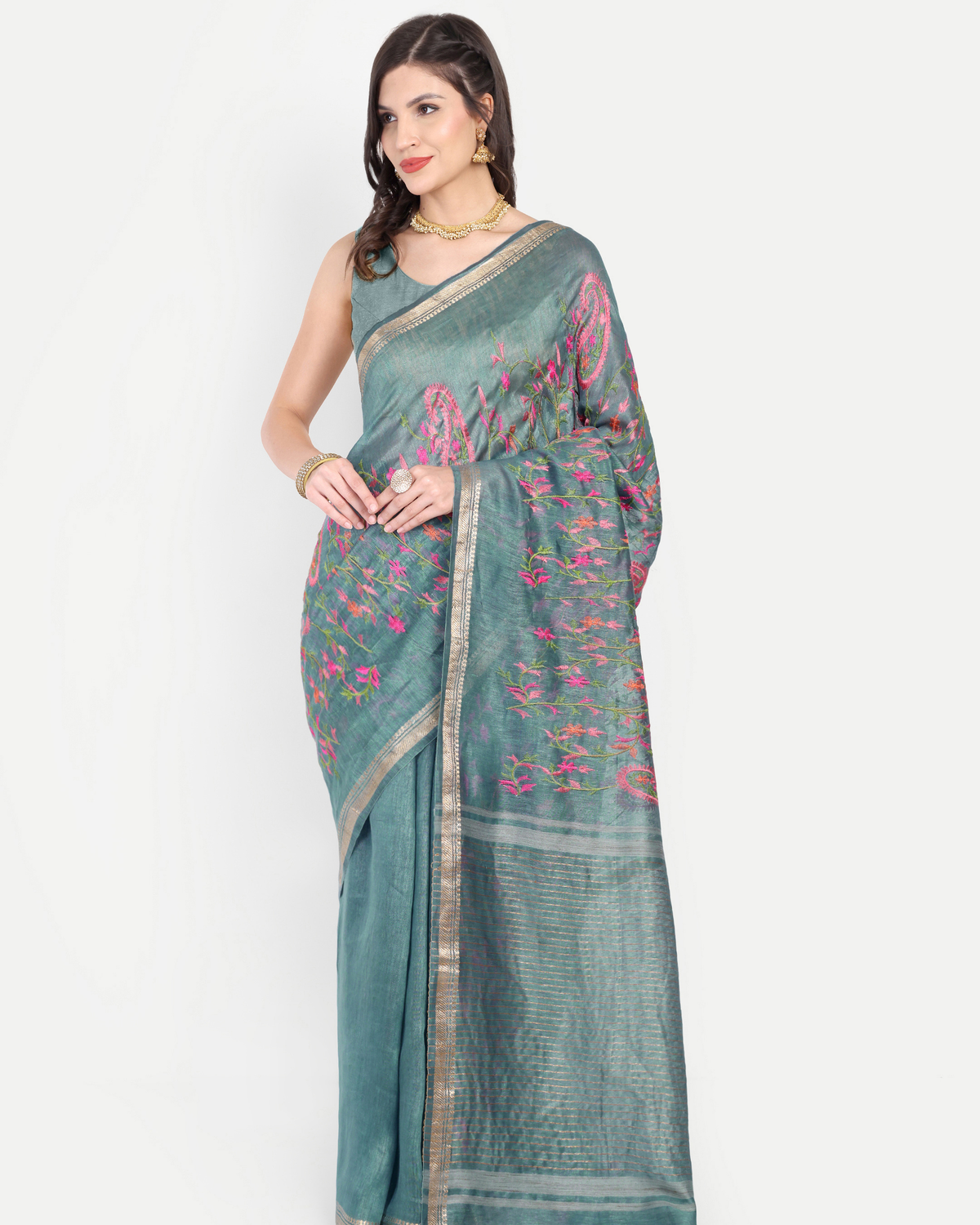 DUSTY TEAL TUSSAR LINEN SAREE