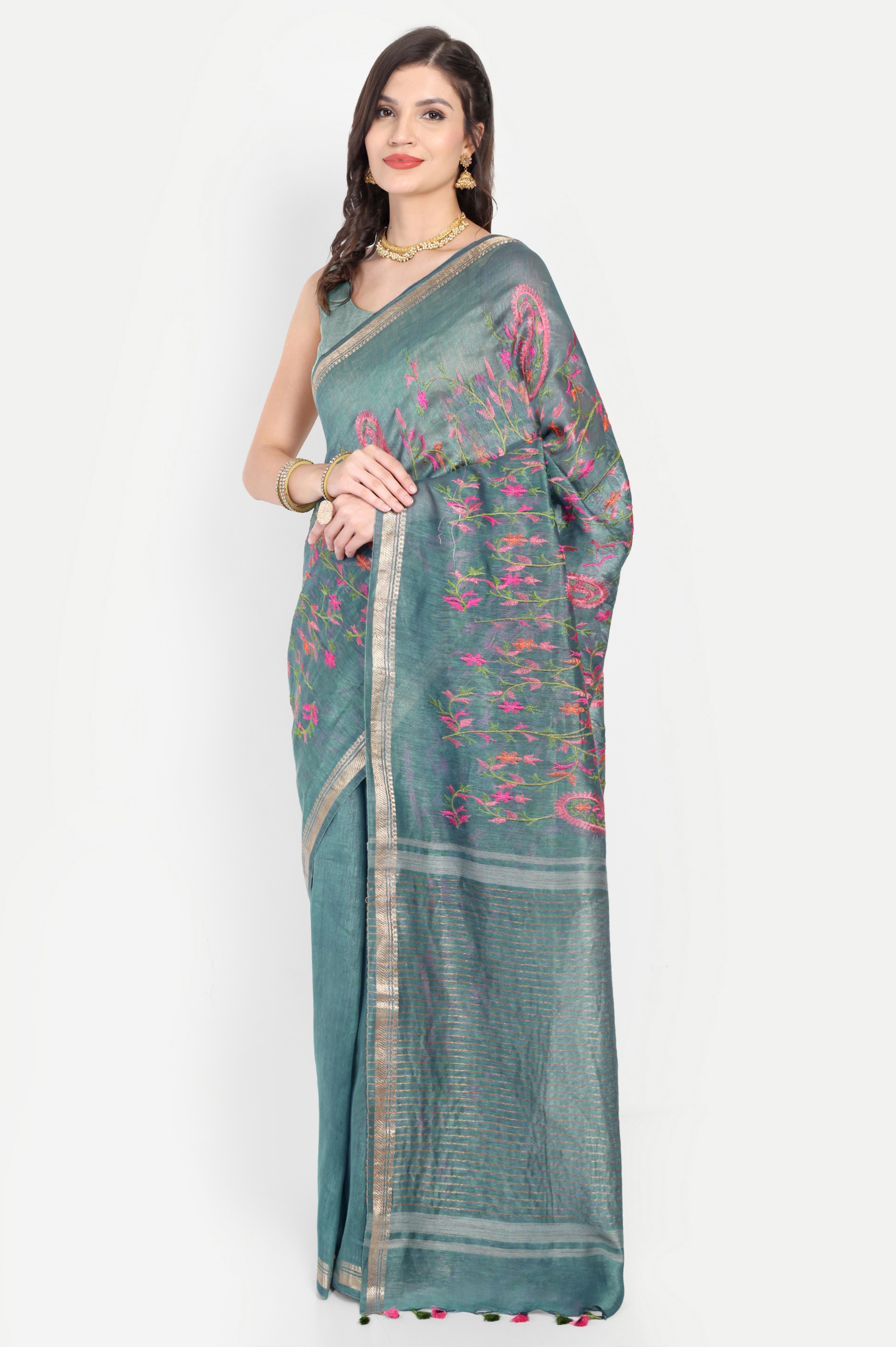 DUSTY TEAL TUSSAR LINEN SAREE