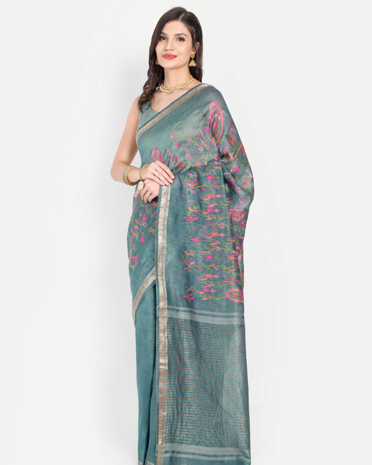DUSTY TEAL TUSSAR LINEN SAREE