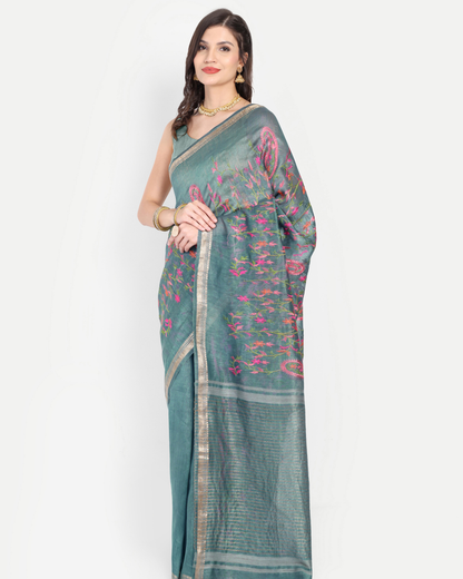 DUSTY TEAL TUSSAR LINEN SAREE