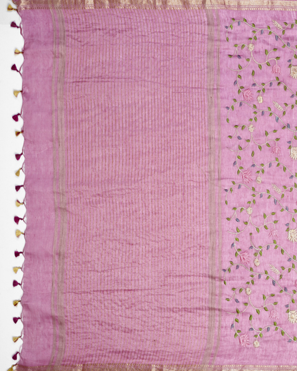 DUSTY PINK FLORAL LINEN SAREE