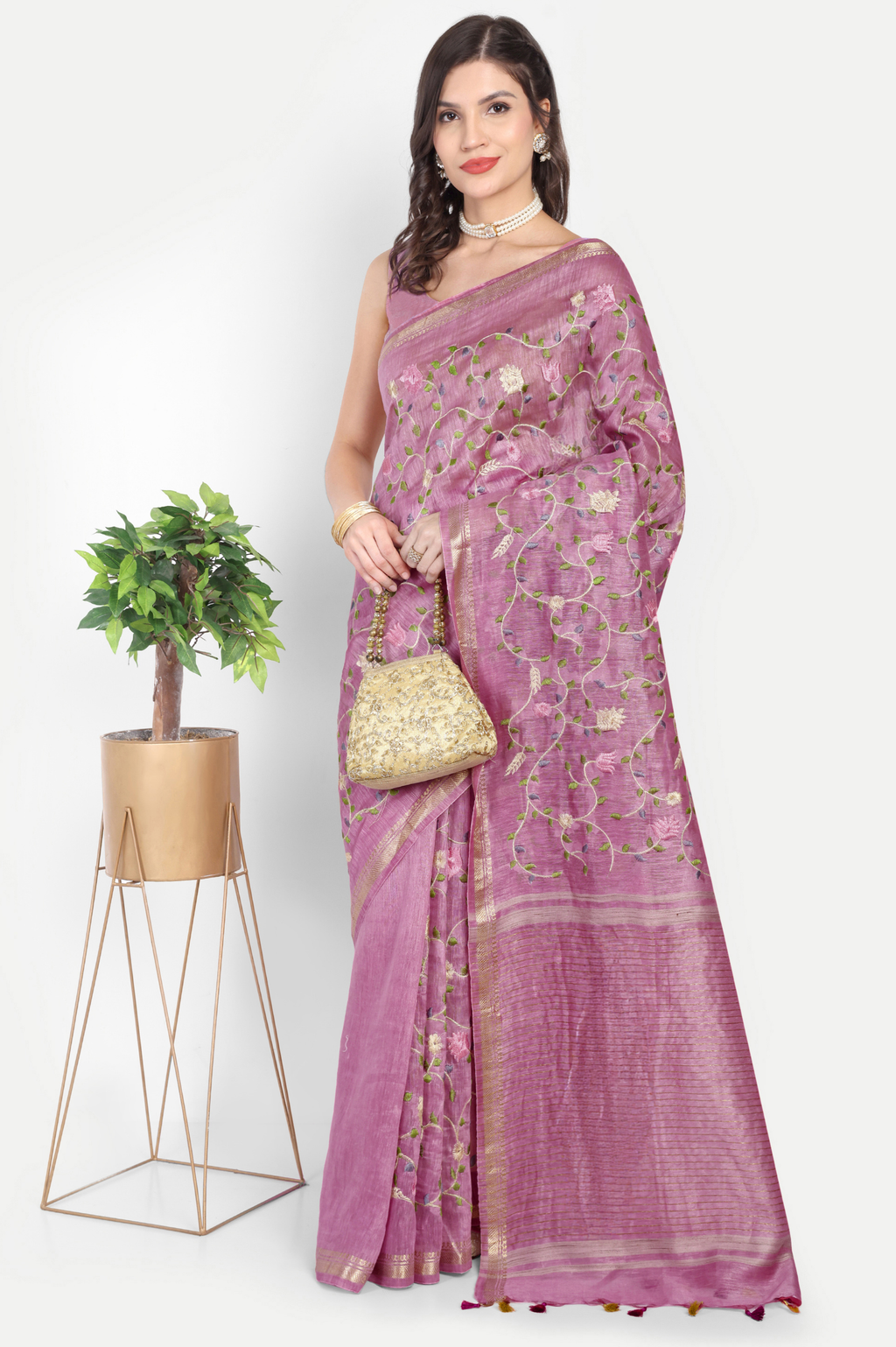 DUSTY PINK FLORAL LINEN SAREE