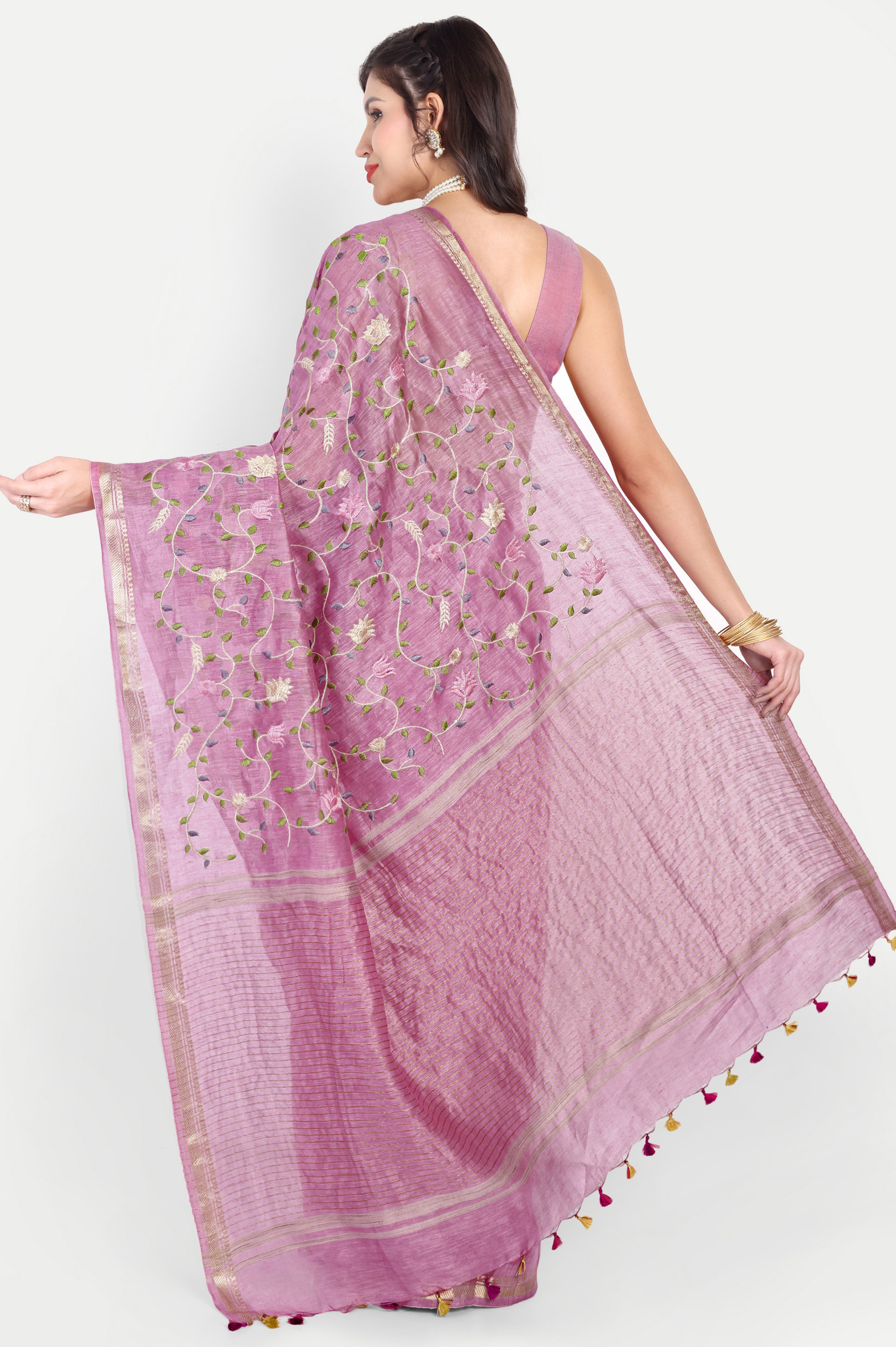 DUSTY PINK FLORAL LINEN SAREE