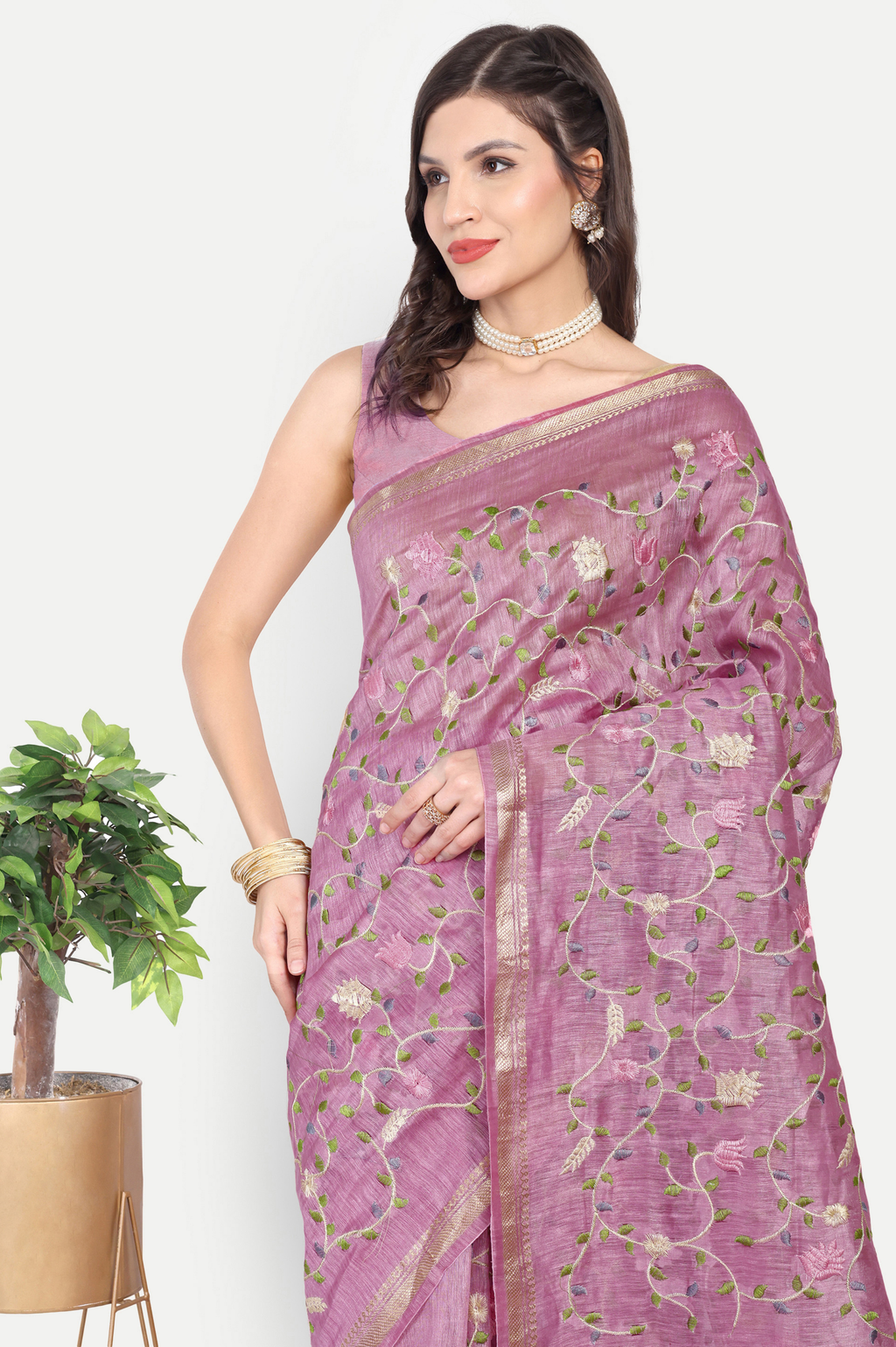 DUSTY PINK FLORAL LINEN SAREE