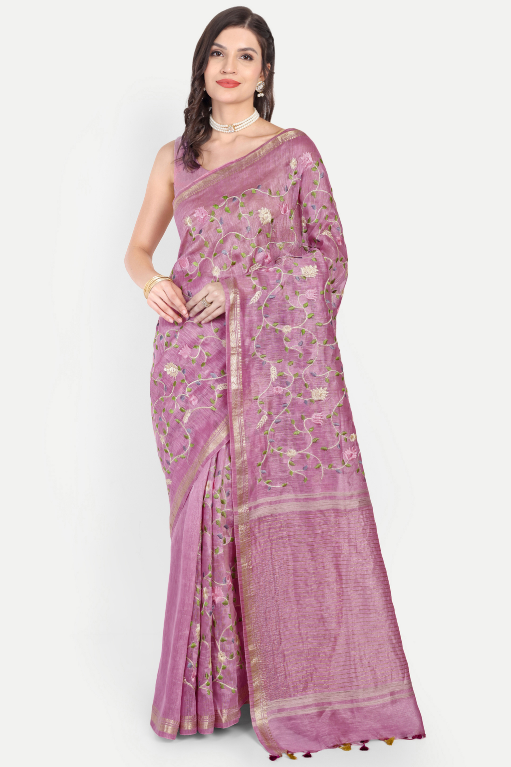 DUSTY PINK FLORAL LINEN SAREE