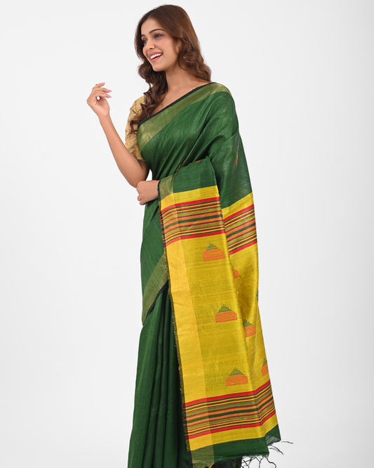GREEN DUPION SILK SAREE WITH YELLOW AANCHAL