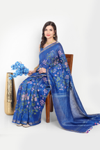 ROYAL BLUE FLORAL LINEN SAREE
