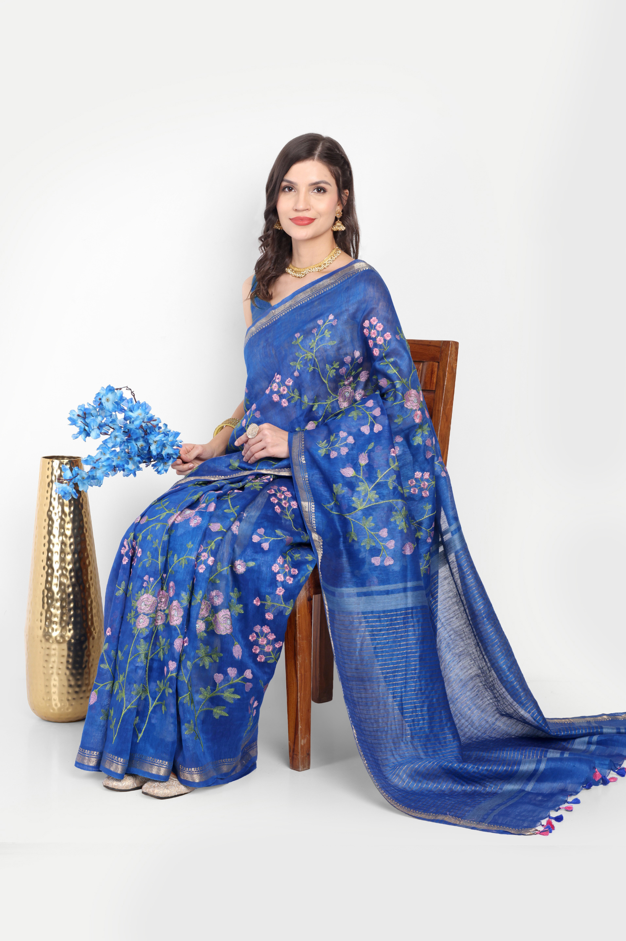 ROYAL BLUE FLORAL LINEN SAREE