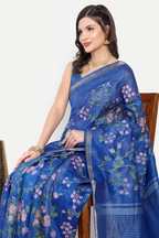 ROYAL BLUE FLORAL LINEN SAREE