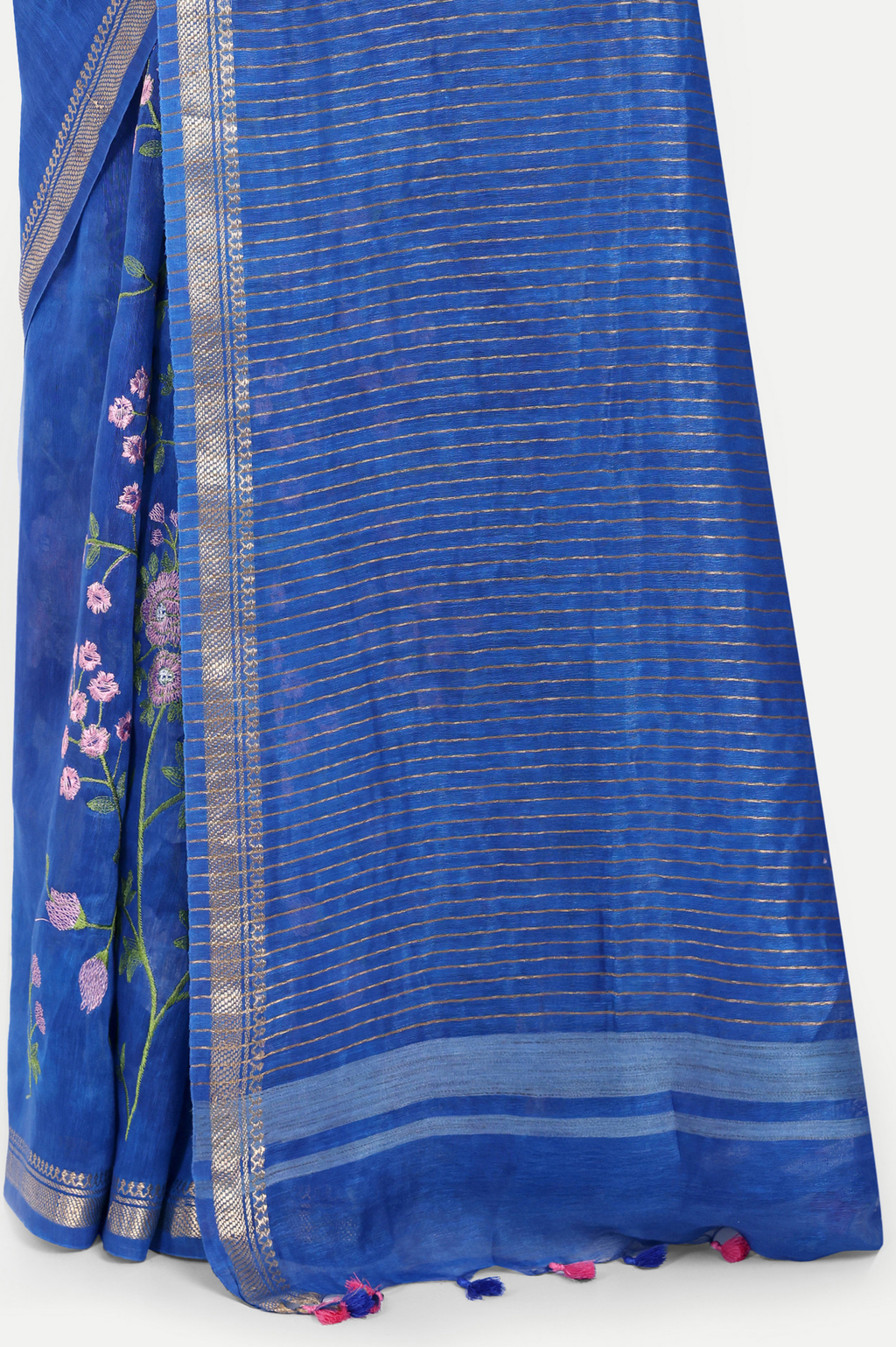 ROYAL BLUE FLORAL LINEN SAREE