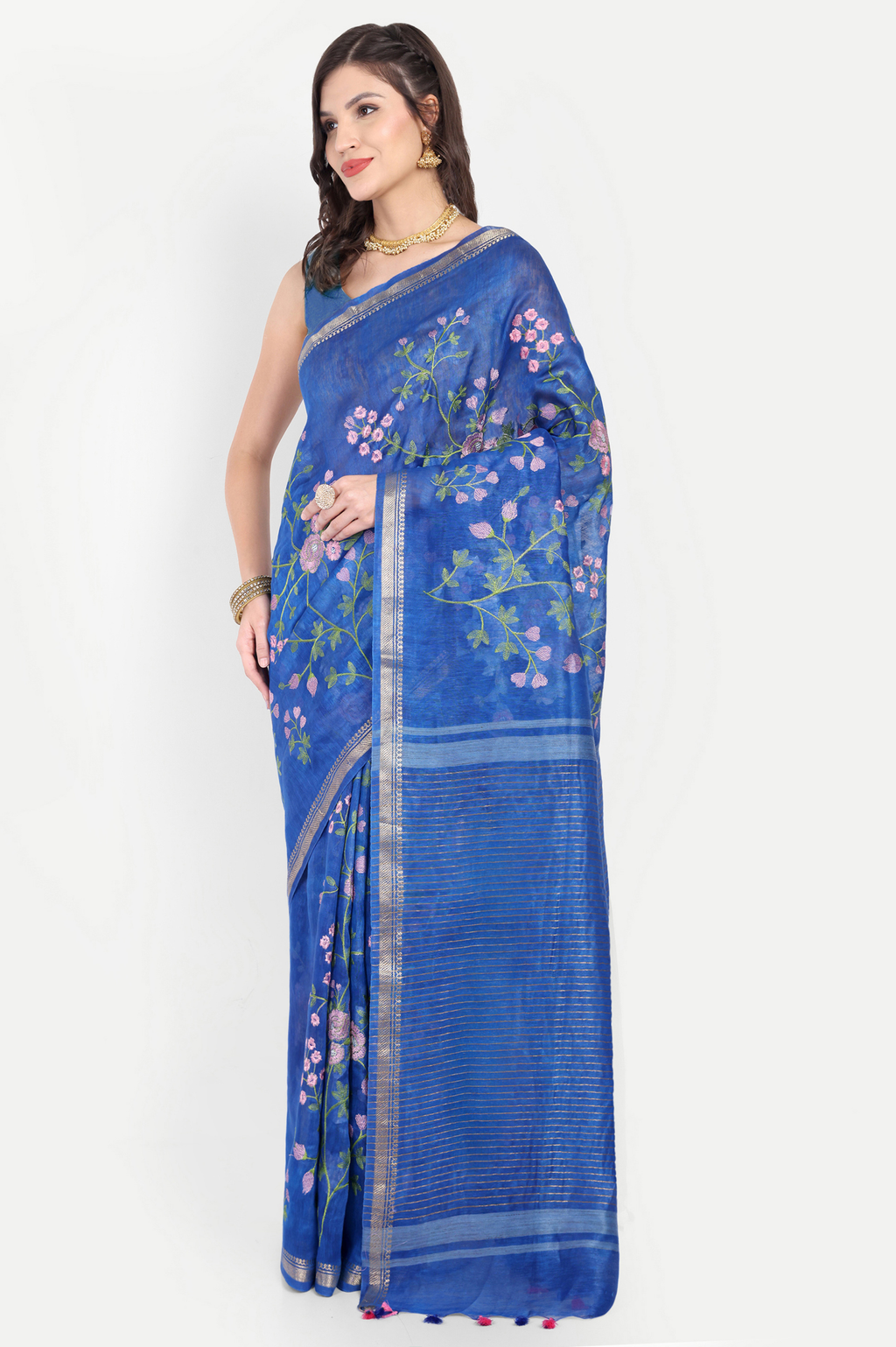 ROYAL BLUE FLORAL LINEN SAREE