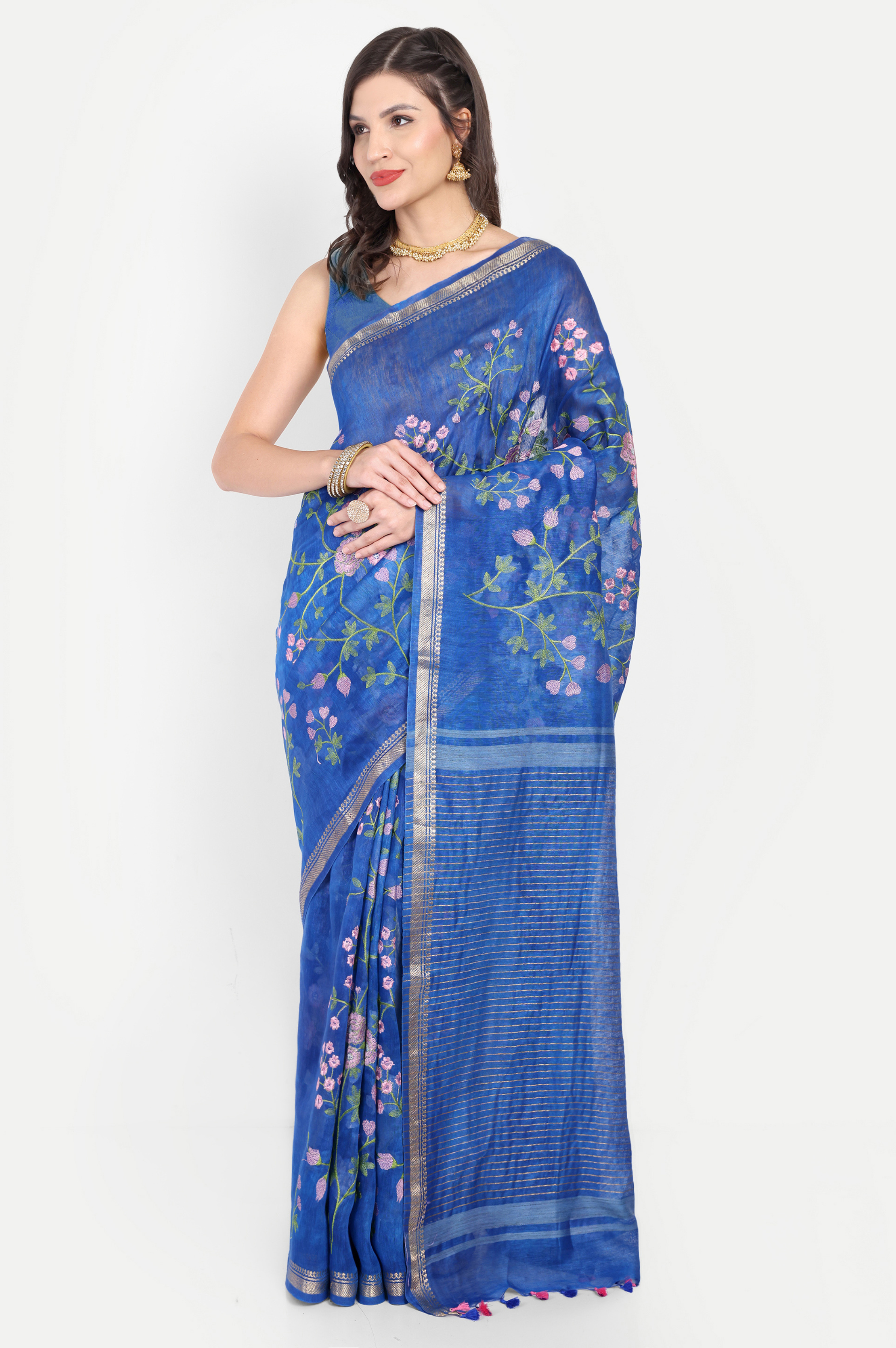 ROYAL BLUE FLORAL LINEN SAREE
