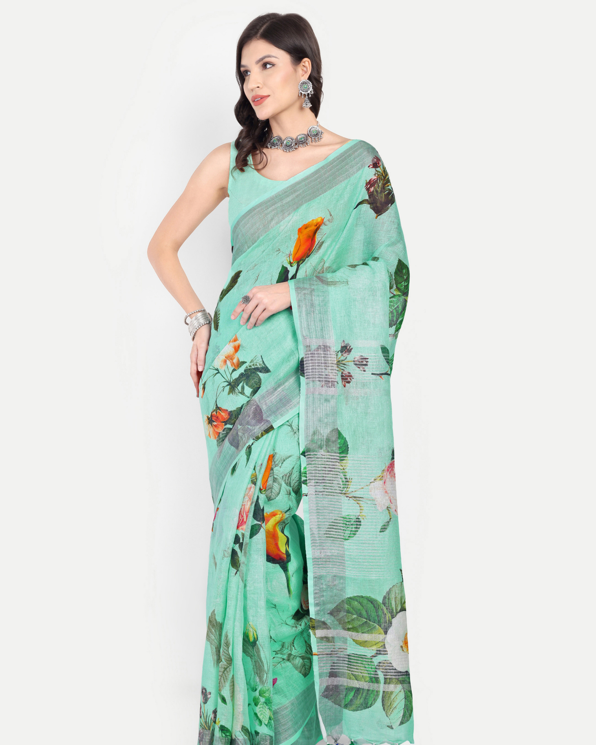 SEA GREEN FLORAL LINEN SAREE