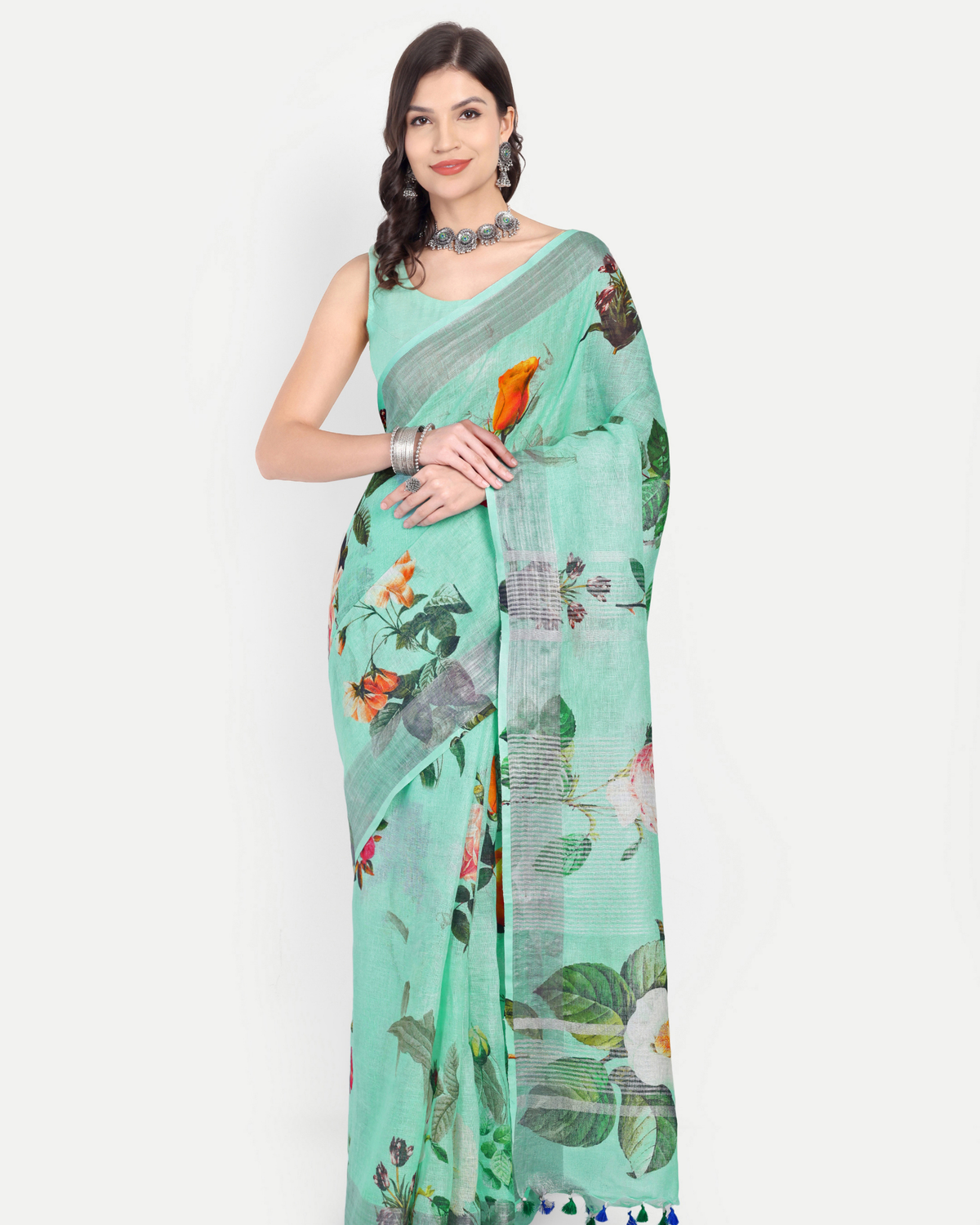 SEA GREEN FLORAL LINEN SAREE