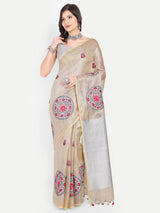 Elegant Beige & Silver Zari Linen Saree with Mandala Embroidery