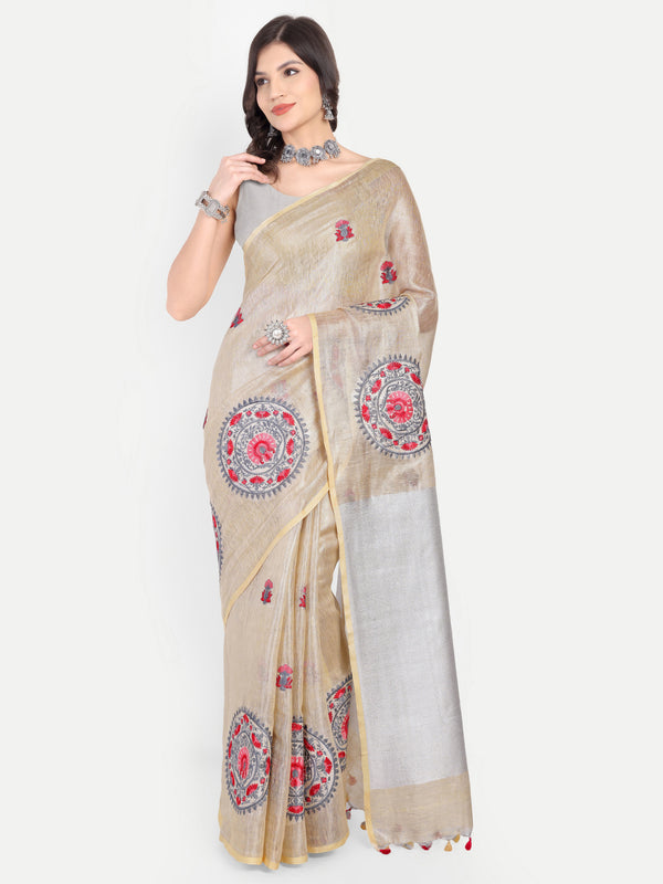 Elegant Beige & Silver Zari Linen Saree with Mandala Embroidery