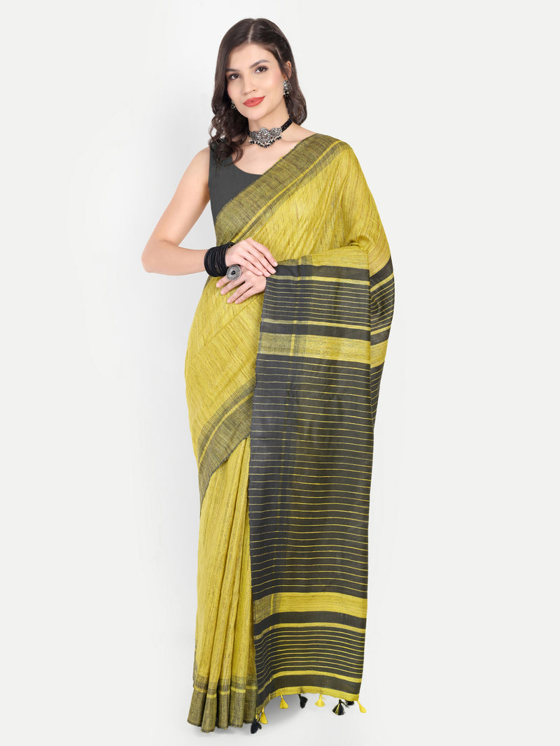 Contemporary Lime Yellow & Charcoal Grey Ghicha Silk Saree