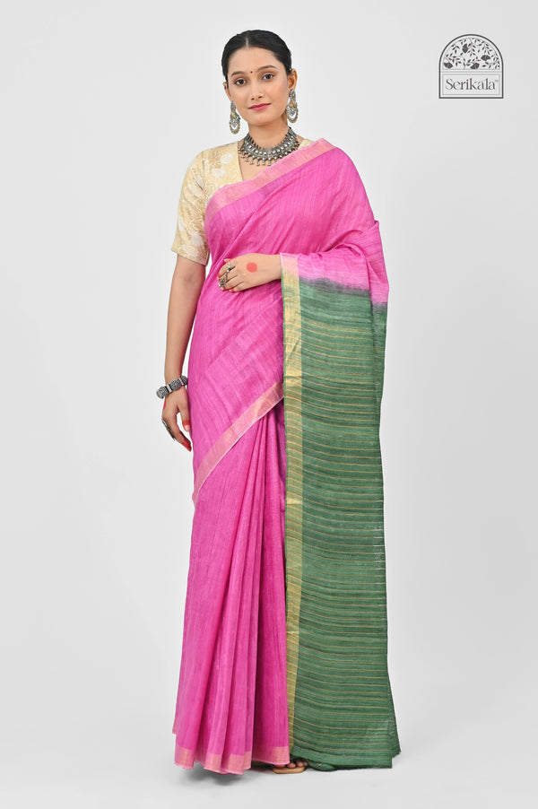 Vibrant Pink & Green Ghicha Silk Saree | Handloom Traditional Saree