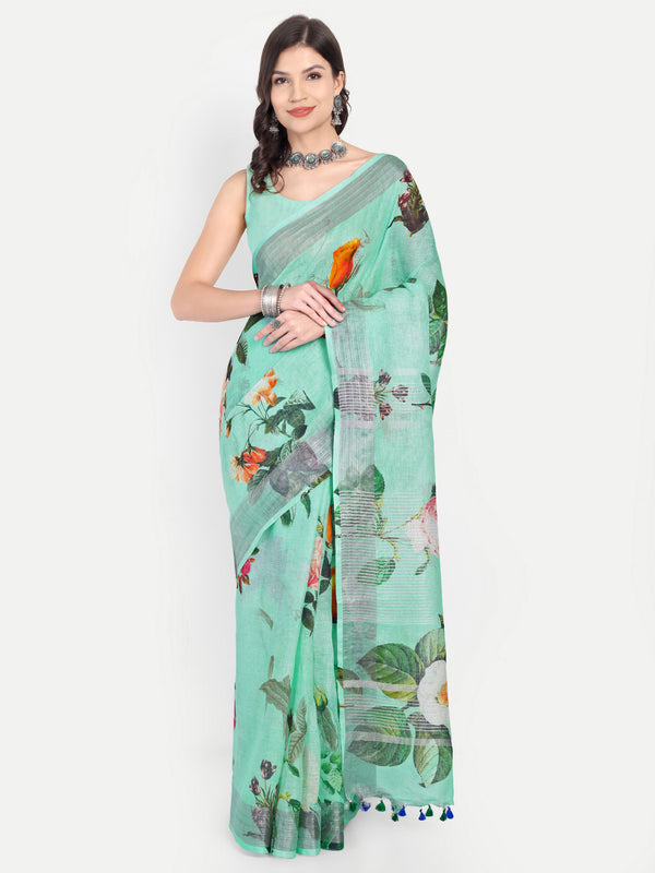 Vibrant Sea Green Digital Print Linen Saree
