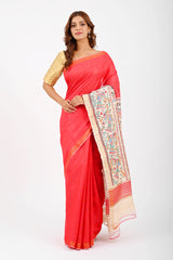 Exquisite Red Eri Silk Saree with Hand-Painted Madhubani Art