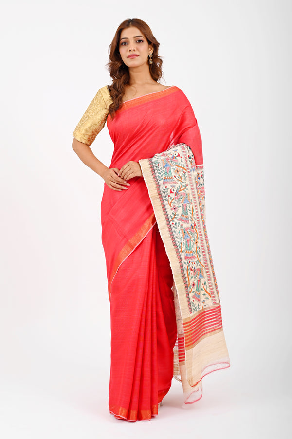 Exquisite Red Eri Silk Saree with Hand-Painted Madhubani Art