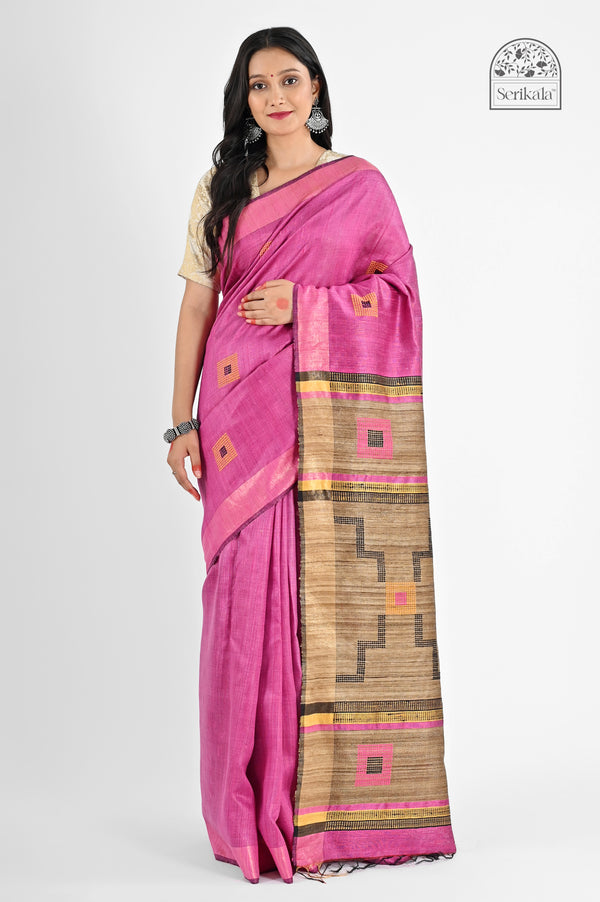 Vibrant Pink Dupion Silk Saree with Geometric Katia Pallu | Handloom Elegance - Serikala